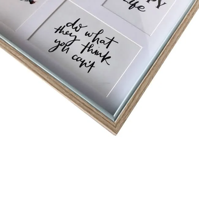 Close-up of a wooden photo frame featuring motivational quotes in elegant handwriting, highlighting inspiration and home decor.
