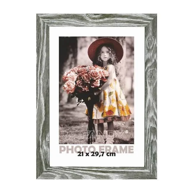 Gray wooden photo frame displaying a sepia-toned portrait of a young girl in a floral dress holding a bouquet of roses.