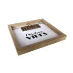 Wooden photo frame with a rustic design featuring a hanging 'HOME' sign and 'Positive Vibes' message in black text.