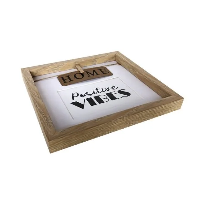 Wooden photo frame with a rustic design featuring a hanging 'HOME' sign and 'Positive Vibes' message in black text.