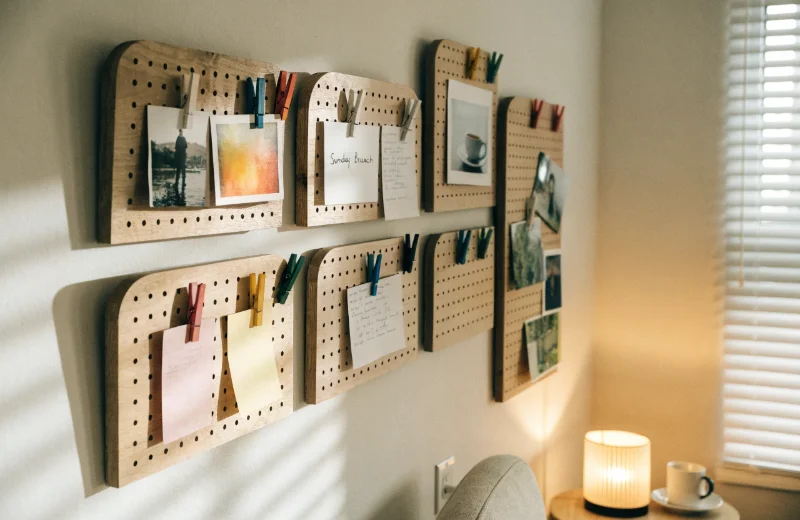 Customizable Peg Board Photo Frames A collection of stylish peg board frames with various photos and notes clipped on them.