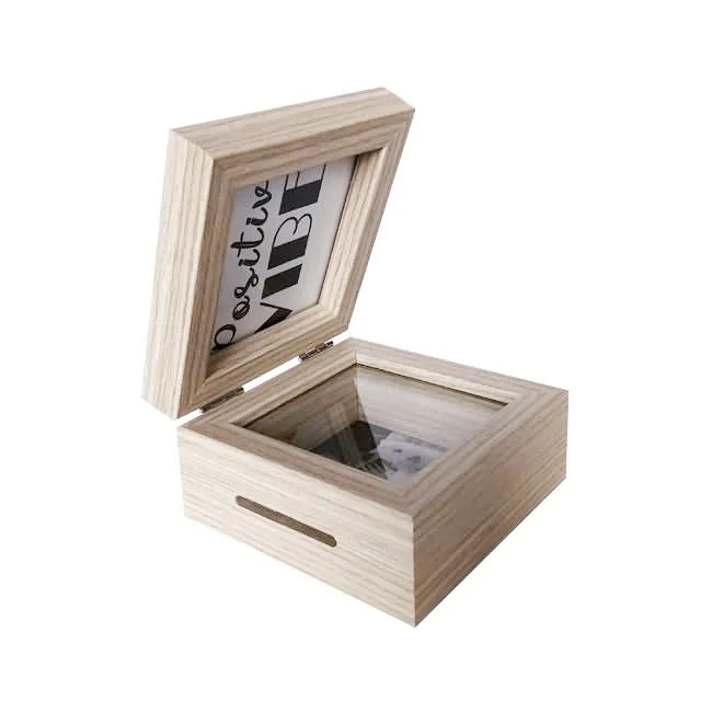 Light wooden memory box with a hinged lid featuring an integrated photo frame displaying 'Positive Vibe' text.