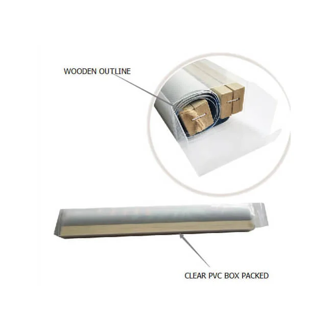 Close-up of a wooden outline product packed in a clear PVC box, labeled with details about the packaging.