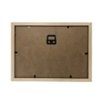 Back view of a rectangular wooden photo frame with MDF backing, securing clips, and a metal wall hanger at the center.