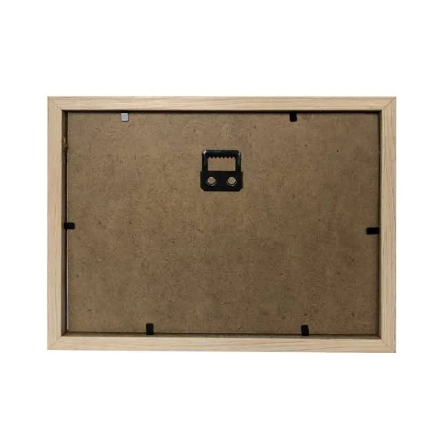 Back view of a rectangular wooden photo frame with MDF backing, securing clips, and a metal wall hanger at the center.