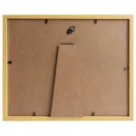Back view of a wooden photo frame with a brown MDF backing, foldable stand, and hanging hardware.