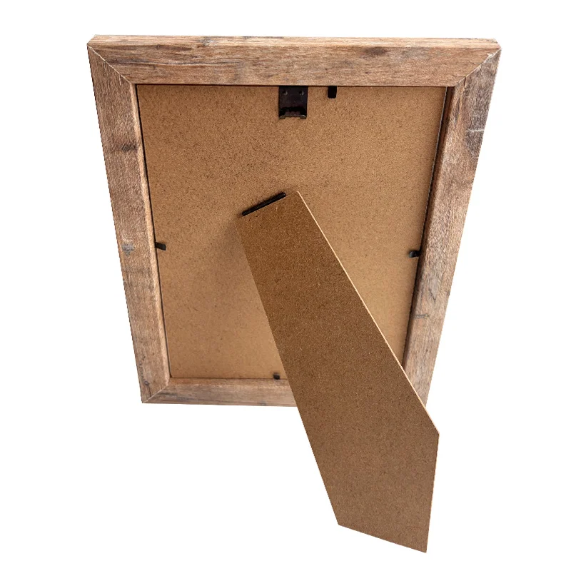 Back view of a wooden photo frame with MDF backing and a foldable stand, showcasing rustic design and functionality.