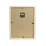 Back view of a wooden photo frame featuring a natural wood finish, metal hanging hardware, and securing tabs for photo placement.