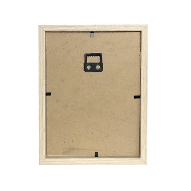 Back view of a wooden photo frame featuring a natural wood finish, metal hanging hardware, and securing tabs for photo placement.