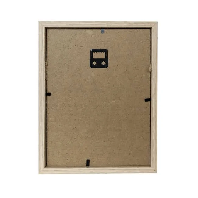 Wooden photo frame back panel featuring MDF backing, secure clips, and a wall mount hook for hanging.