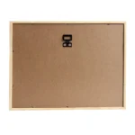 Backside of a rectangular wooden photo frame showing MDF backboard and attached hanging hardware for wall mounting.