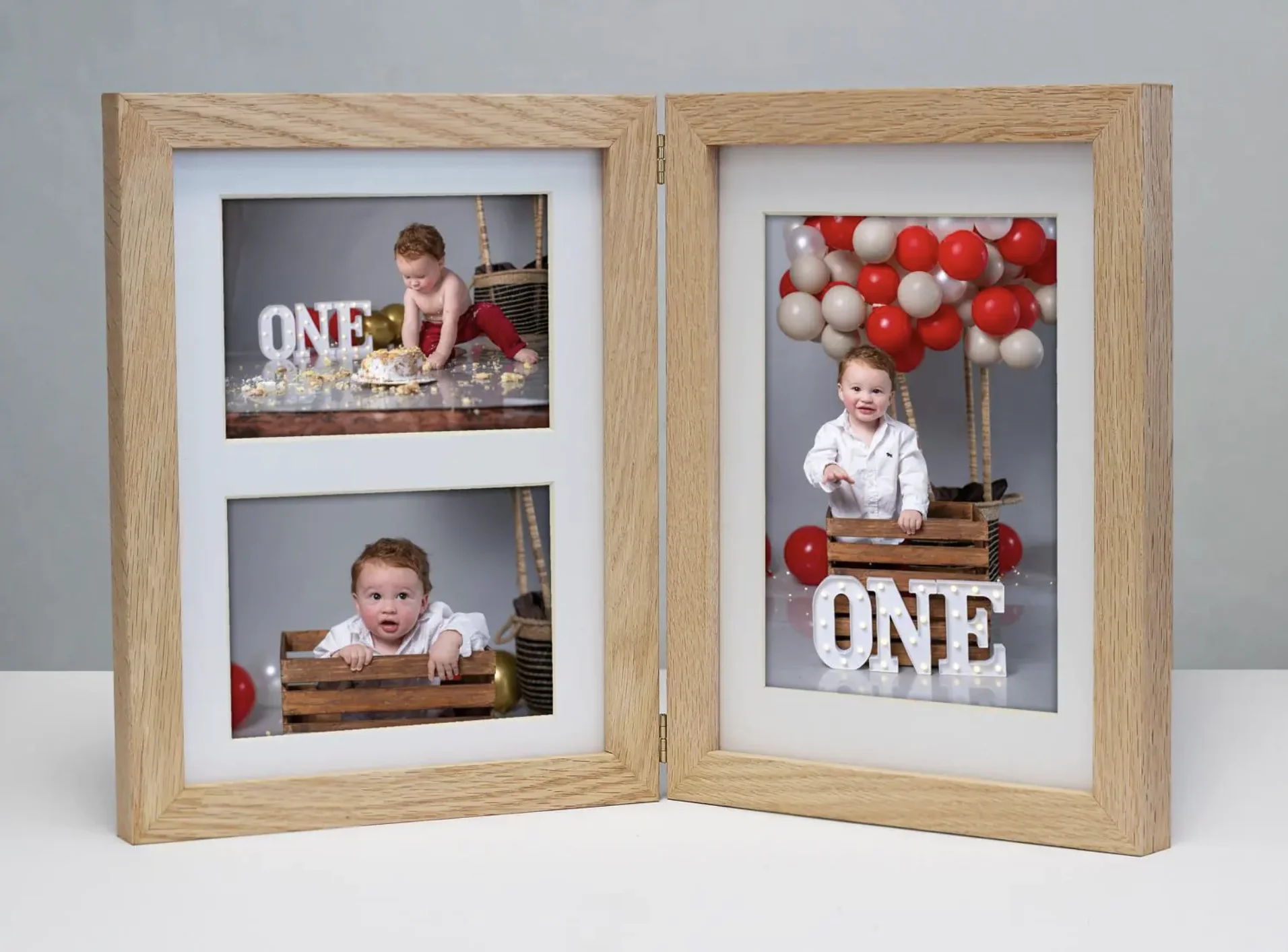 Wooden Hinge Photo Frame A beautiful wooden hinge photo frame displaying two pictures on a living room table