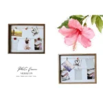 Wooden wall photo frame featuring craft pegs holding pictures and notes, accompanied by a pink hibiscus flower design.