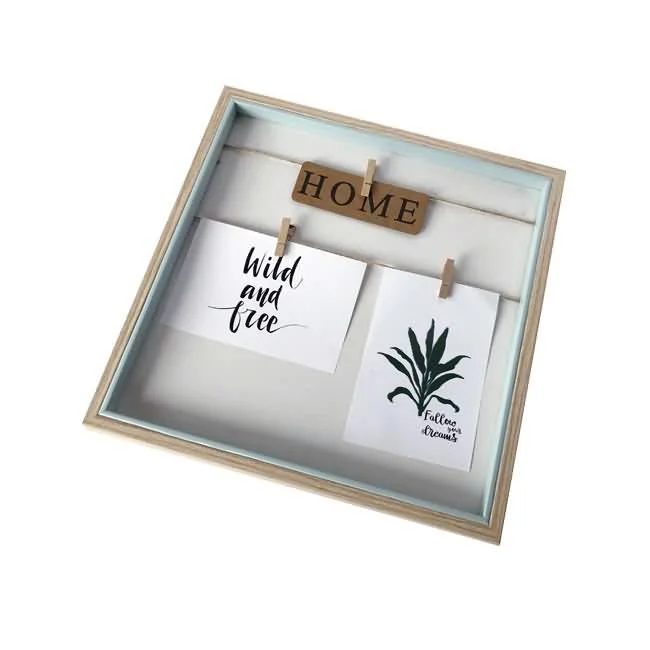 Square wooden photo frame with decorative design featuring 'Home' sign and two hanging cards with text and a botanical illustration.