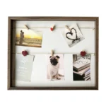 Rustic wooden photo frame with a grid string display holding photos and decorative heart clips, showcasing various images.