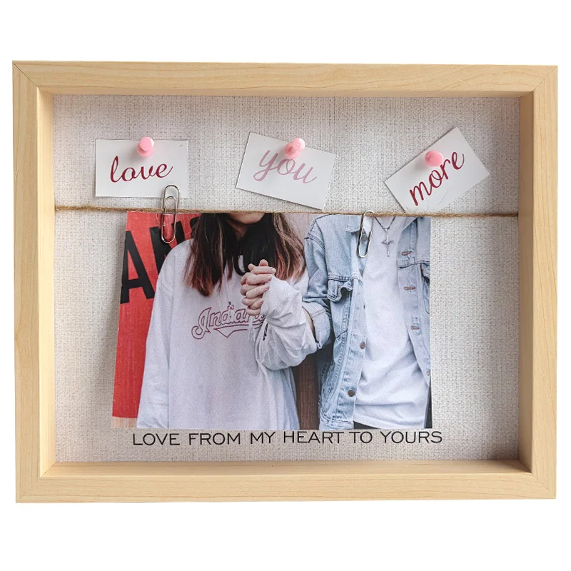 Rustic light wood photo frame with pinned love messages and a couple photo displayed, featuring a heartfelt message.