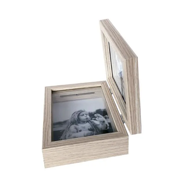 Wooden photo frame with natural finish, featuring a black-and-white photo and a hinged lid that opens to reveal a storage box.