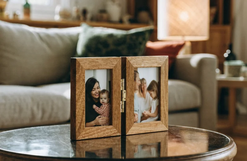 Practical Hinged Photo Frame A foldable hinged photo frame on a modern office desk