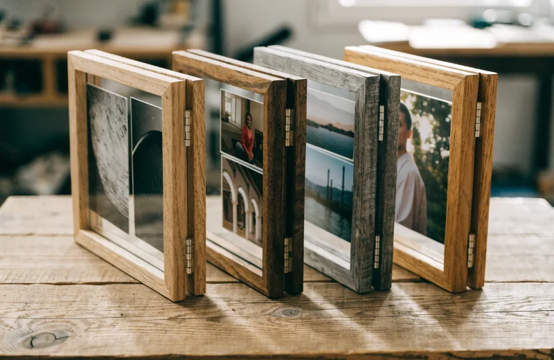 Custom Wooden Hinge Frames A collection of custom wooden hinge frames with different finishes