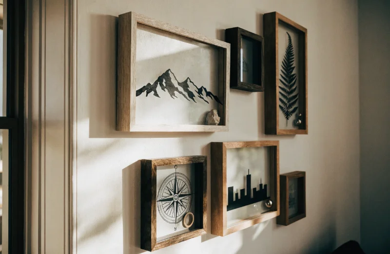 Custom Themed Shadow Box Frames A collection of custom shadow boxes with different silk-screened designs on the glass
