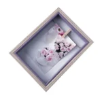 Wooden shadow box photo frame with a floral card display featuring pink roses, set against a purple interior border.