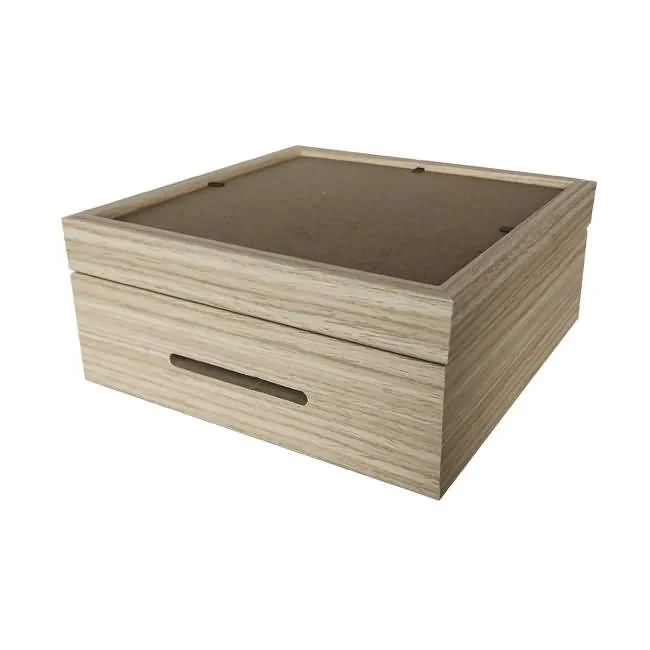 A wooden storage box with a lid and a slot opening, designed for practical storage and organization.