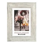 Light wooden texture photo frame with a 10x15 cm display, featuring a photograph of a girl holding flowers.