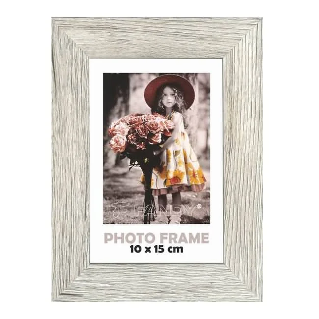 Light wooden texture photo frame with a 10x15 cm display, featuring a photograph of a girl holding flowers.