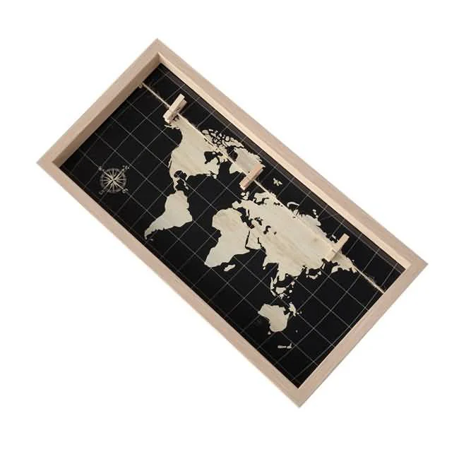 Wooden photo frame featuring a black background with a beige world map graphic and small clips for holding photos.