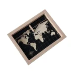 Beige wooden photo frame featuring a black background with a detailed beige world map design and compass rose.