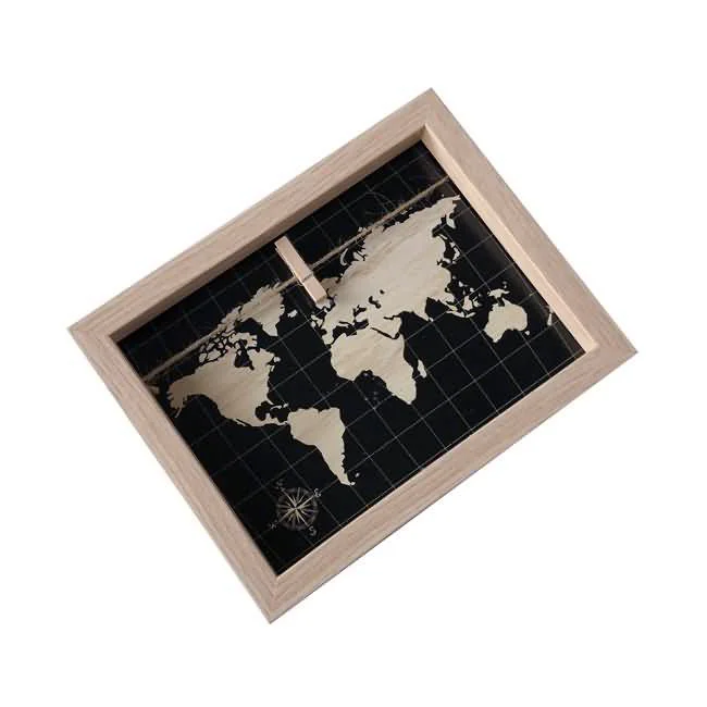 Beige wooden photo frame featuring a black background with a detailed beige world map design and compass rose.