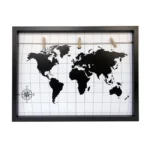 Black photo frame with a world map design on a white grid background, featuring a rope and clips for hanging photos.
