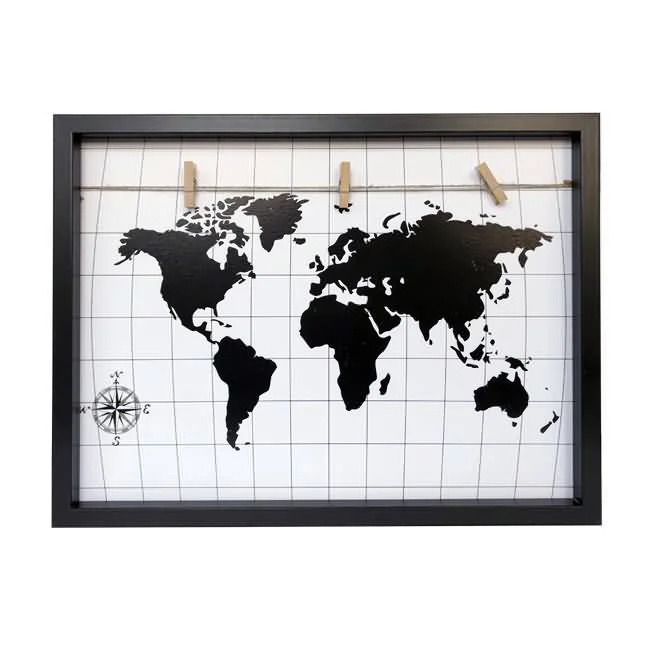 Black photo frame with a world map design on a white grid background, featuring a rope and clips for hanging photos.