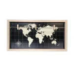 Framed world map design with wooden pegs on a string for hanging photos or notes, crafted in a wooden frame.