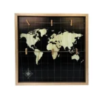 Wooden photo frame featuring a world map on a black background with gridlines and attached mini clips for holding photos or notes.