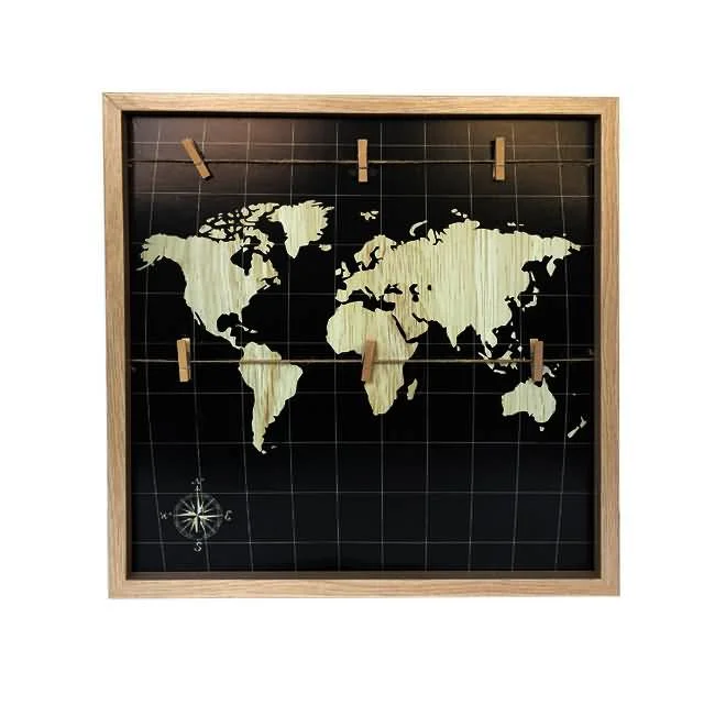 Wooden photo frame featuring a world map on a black background with gridlines and attached mini clips for holding photos or notes.