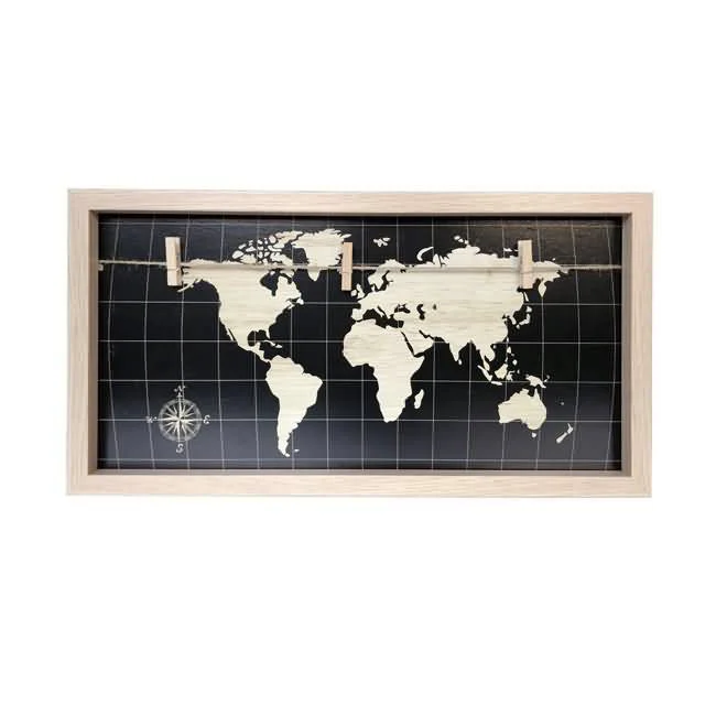 Framed world map design with wooden pegs on a string for hanging photos or notes, crafted in a wooden frame.