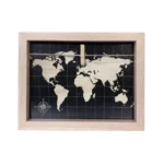 Decorative wooden photo frame showcasing a black background with a world map design and a small clothespin on a twine.