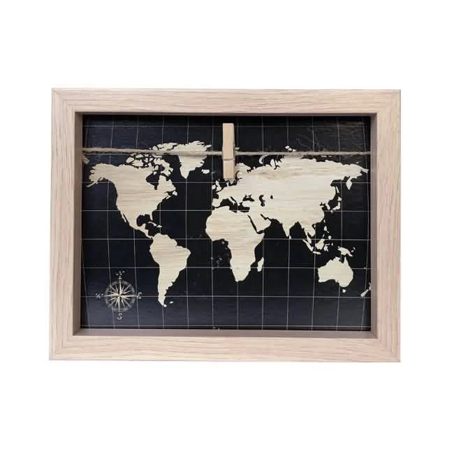 Decorative wooden photo frame showcasing a black background with a world map design and a small clothespin on a twine.