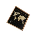 Wooden photo frame featuring a black grid background with a gold world map design and small clothespins attached for hanging items.