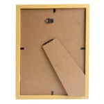 Back view of a yellow photo frame with a foldable stand and wall hook for portrait or landscape orientation.
