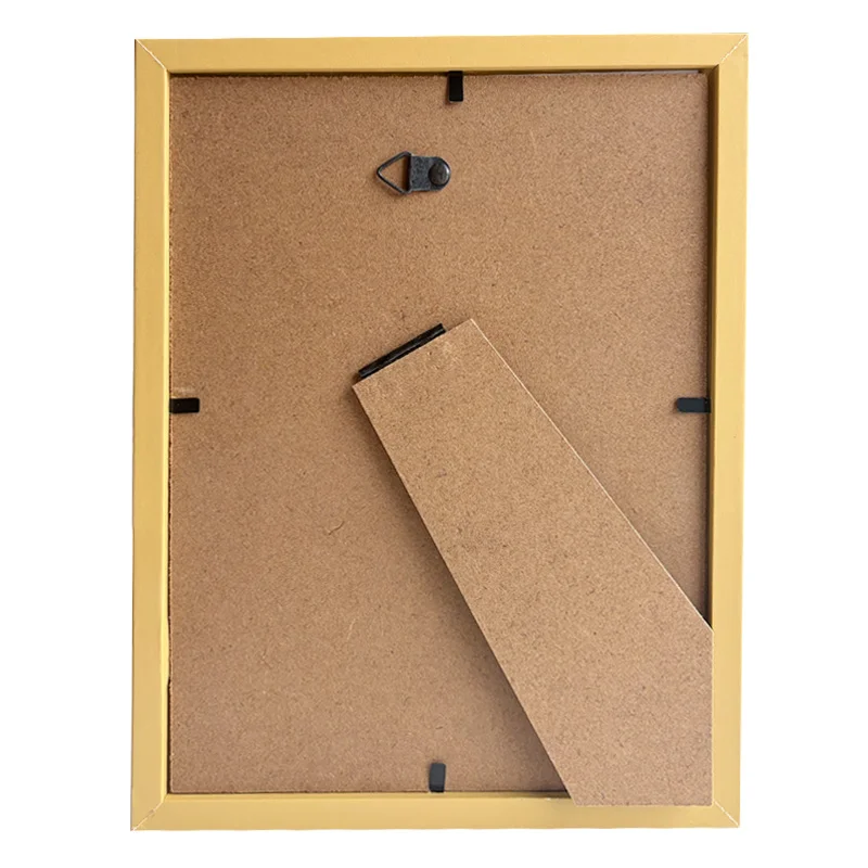 Back view of a yellow photo frame with a foldable stand and wall hook for portrait or landscape orientation.