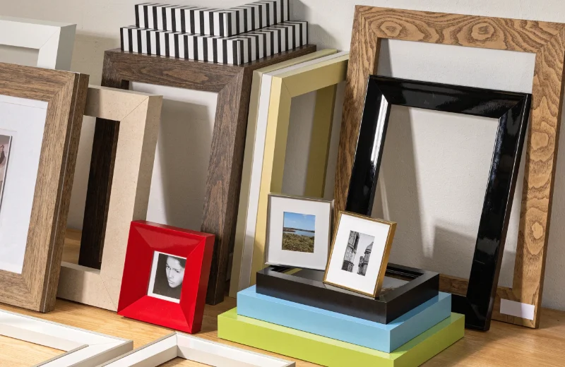 A collection of MDF wooden photo frames in various finishes, from classic wood grain to modern painted colors.