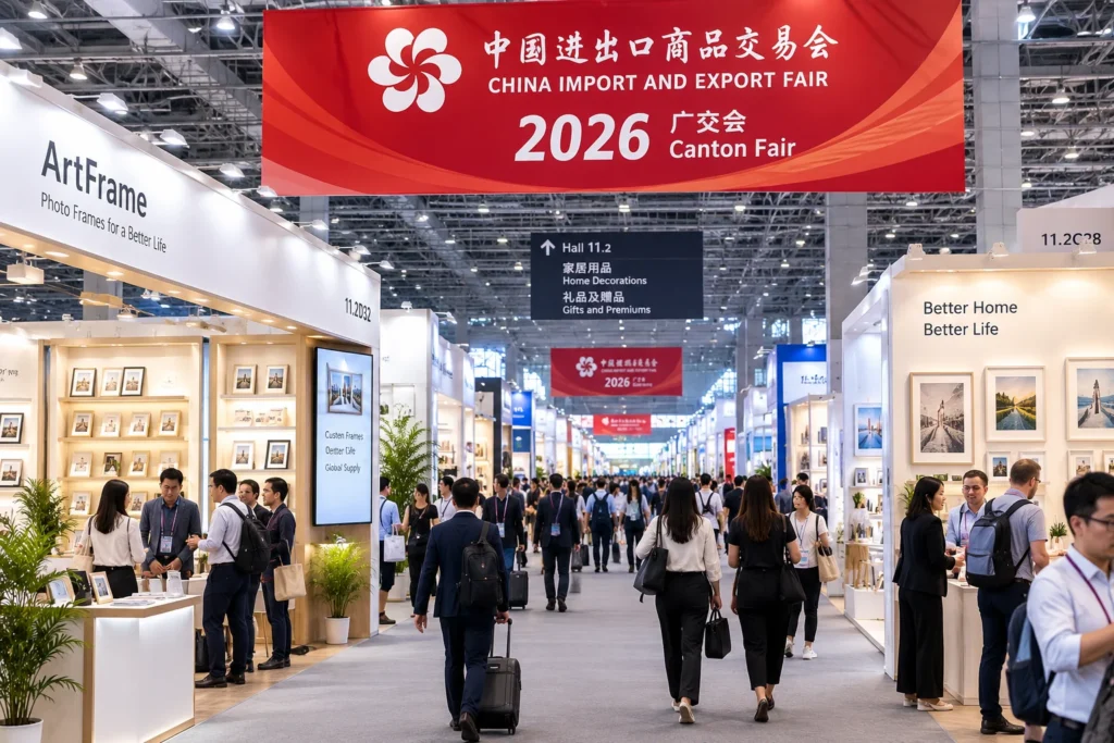 A busy aisle at the 2026 Canton Fair featuring photo frame exhibits with vibrant displays and attendee interactions.