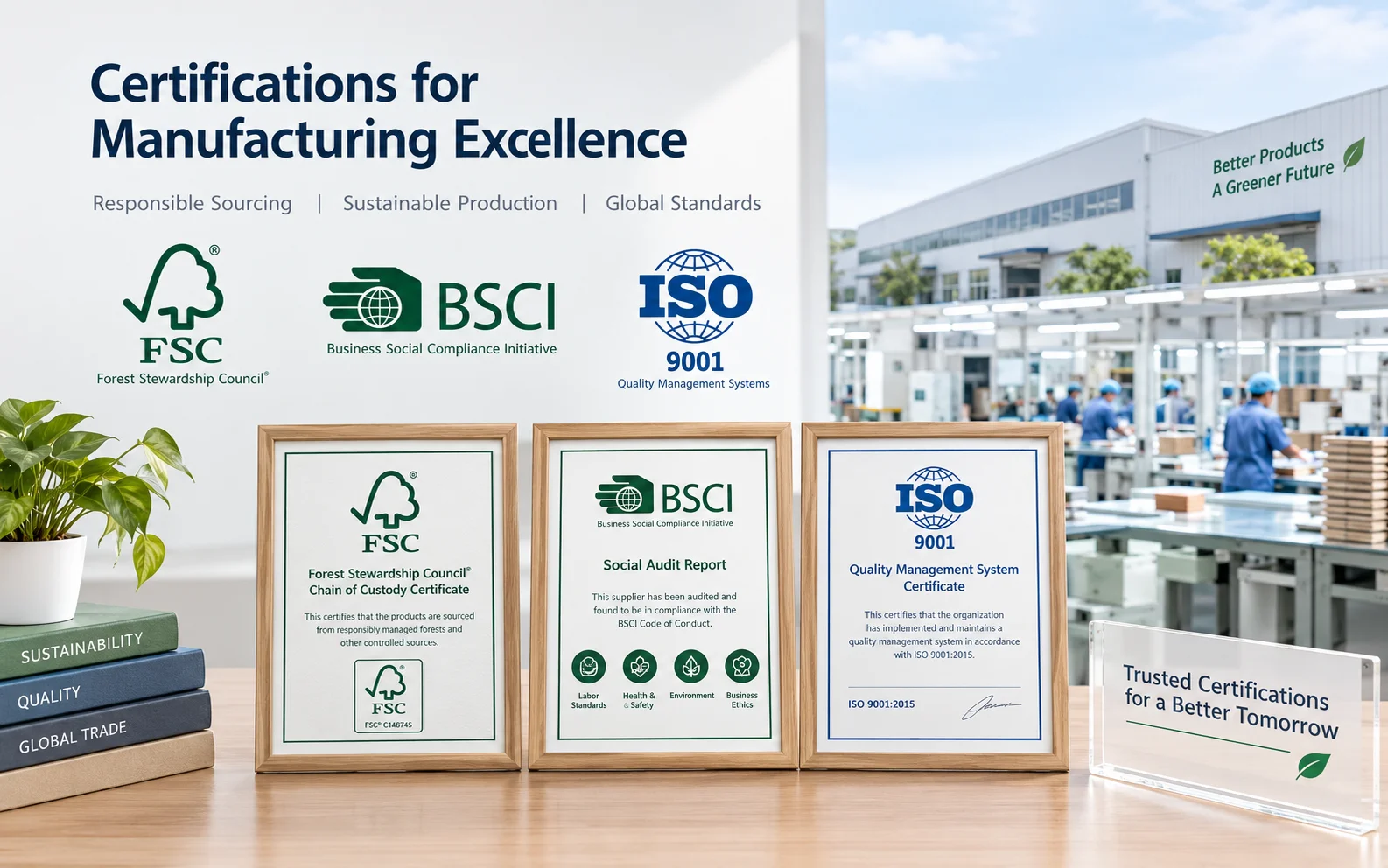 Certifications for Manufacturing Excellence A collection of certification logos like FSC, BSCI, and ISO 9001 displayed proudly on a factory's corporate material.