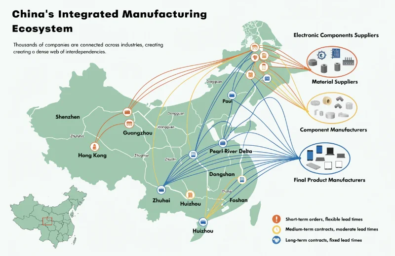 A complex, interconnected web of suppliers in China's Pearl River Delta.
