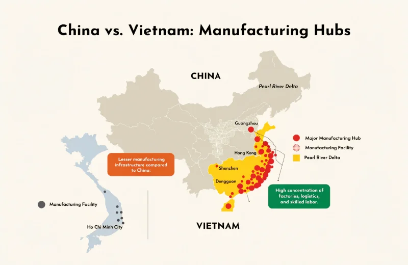 A map showing manufacturing hubs in China's Pearl River Delta and a smaller, less developed one in Vietnam.