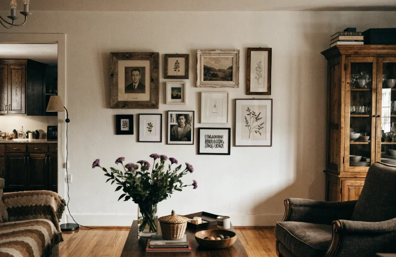 A gallery wall in a cozy American living room featuring a mix of rustic, white, and black frames of different sizes.