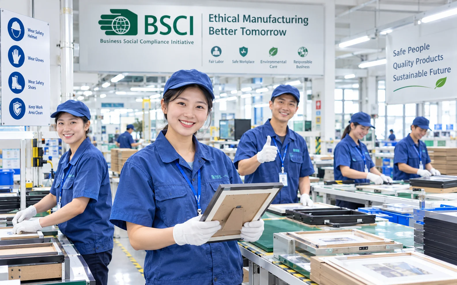Ethical Manufacturing with BSCI Standards A group of smiling, well-equipped workers in a clean and safe factory environment.