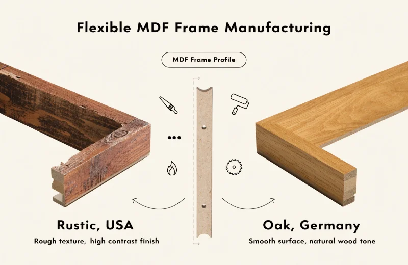 An image showing a raw MDF frame profile transforming into two different final products: one rustic for the US, one oak for Germany.